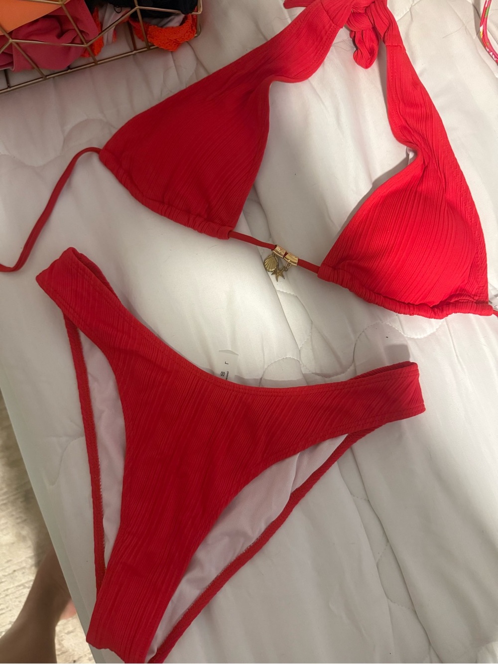SHEIN Red Ribbed Triangle Bikini Set size large